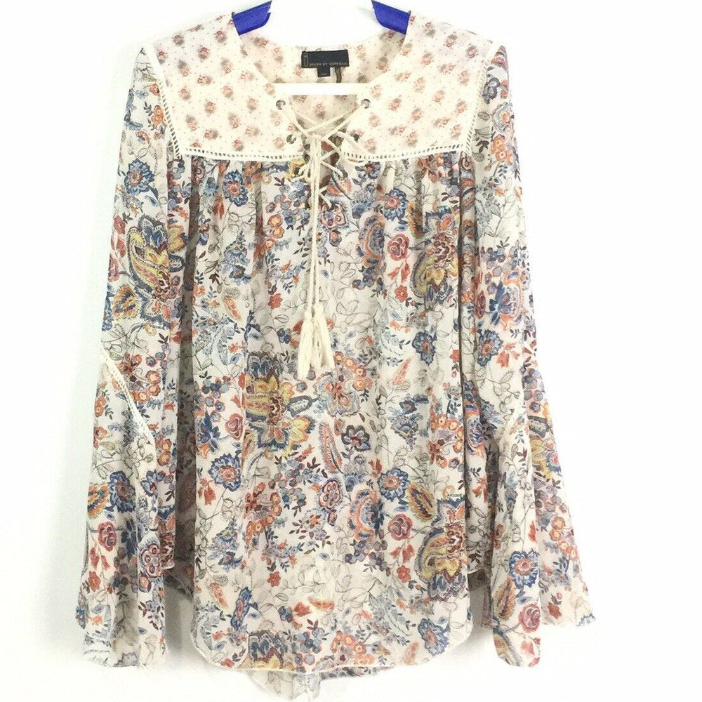 Jeans By Buffalo Womens Top Peasant Sheer Blouse Bell Sleeves Paisley Size Small
